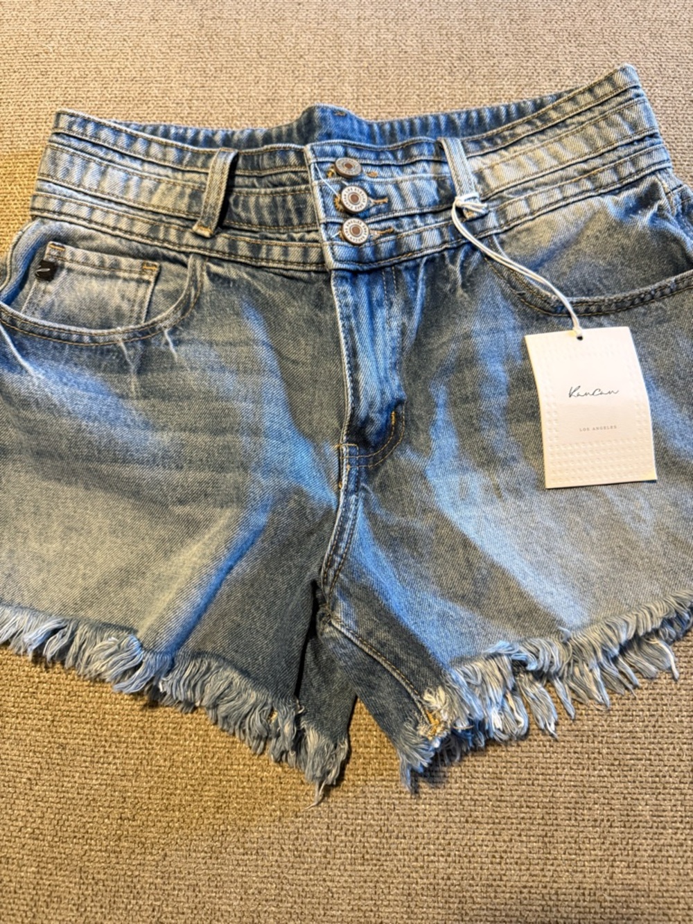 KanCan Light Blue High-Rise Triple Button Frayed Hem Denim Shorts